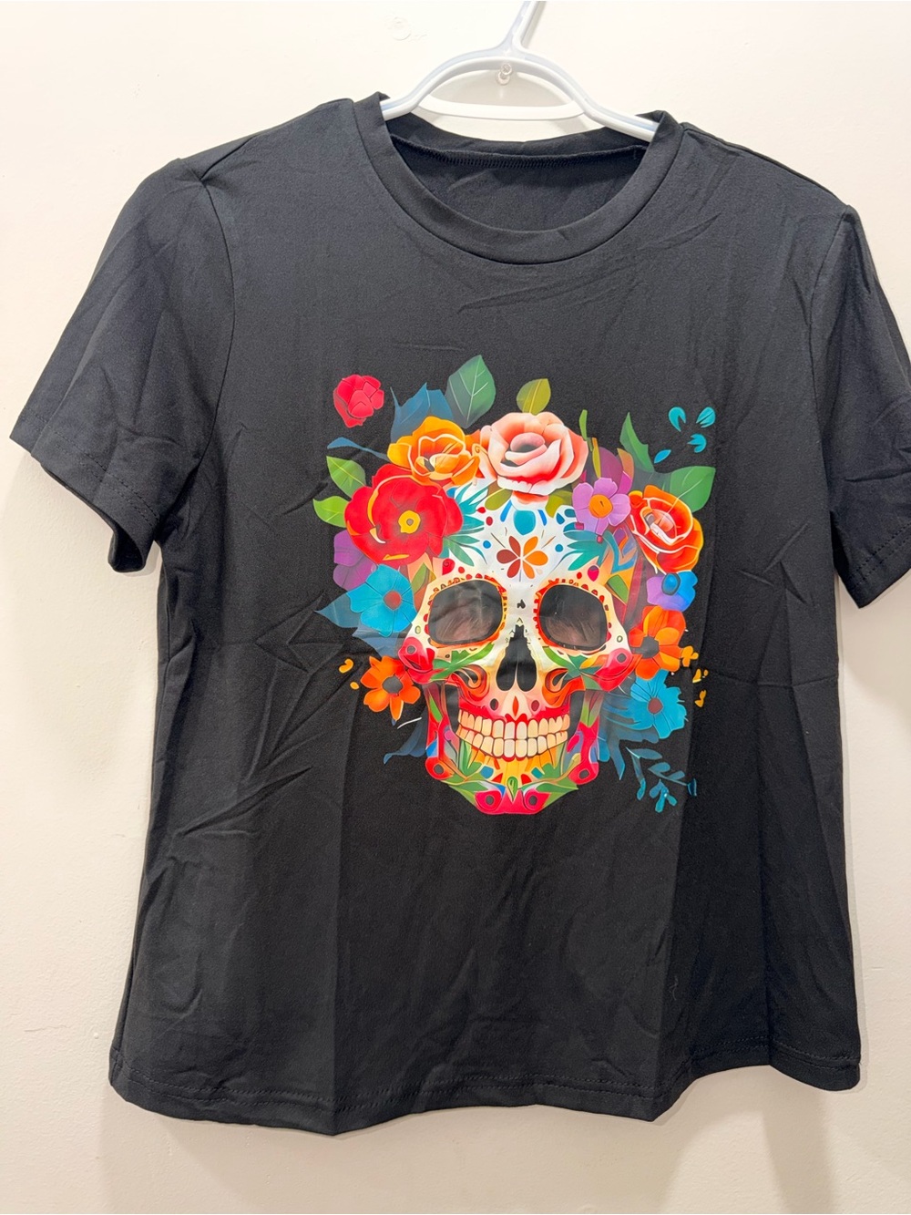 SHEIN Black Tee with Bright Floral Sugar Skull